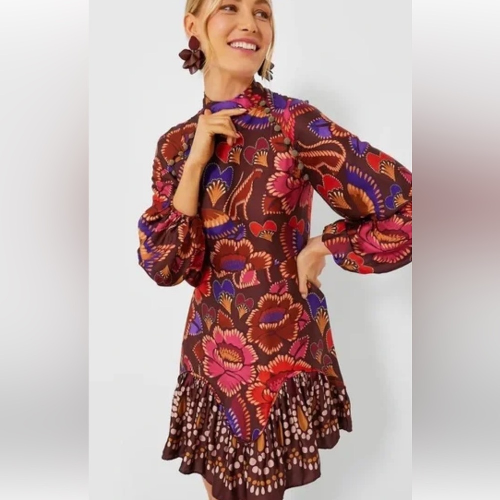 FARM Rio Chocolate Brown Floral Mini Dress with Pink, Red & Purple Blooms